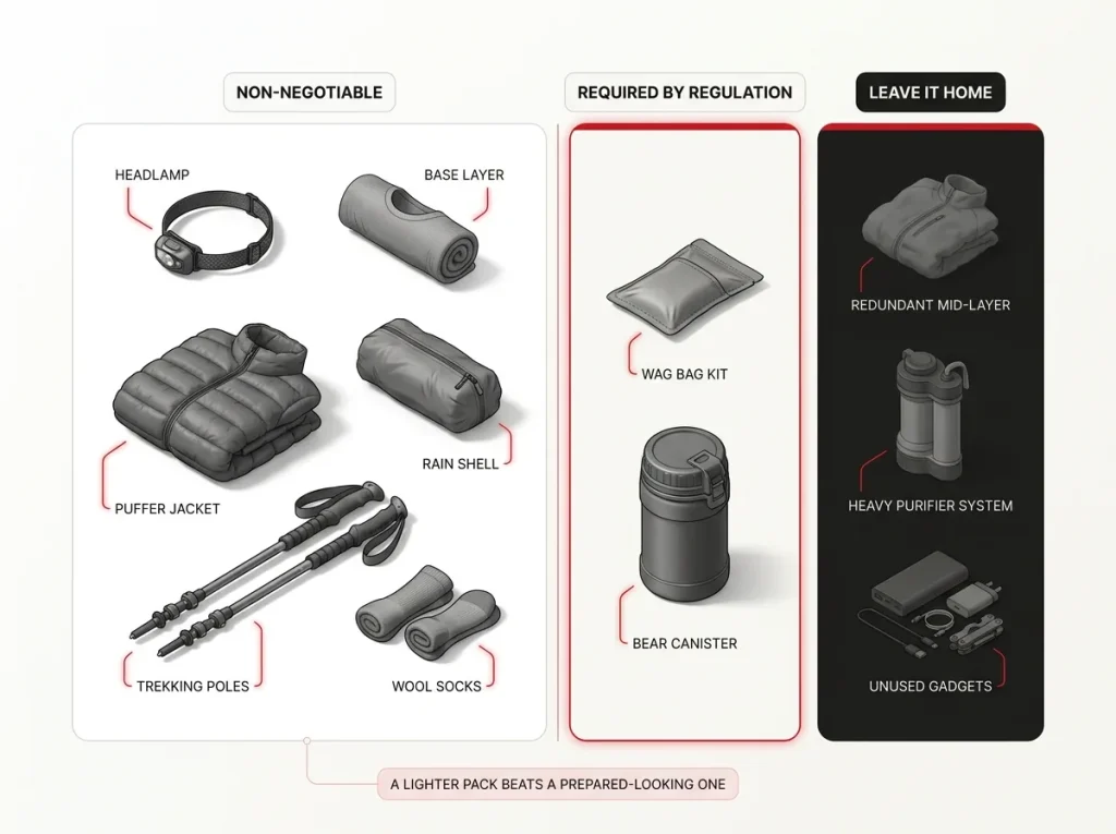 Infographic flat-lay checklist sorting Mount Whitney gear into non-negotiable, required-by-regulation, and leave-it-home groups