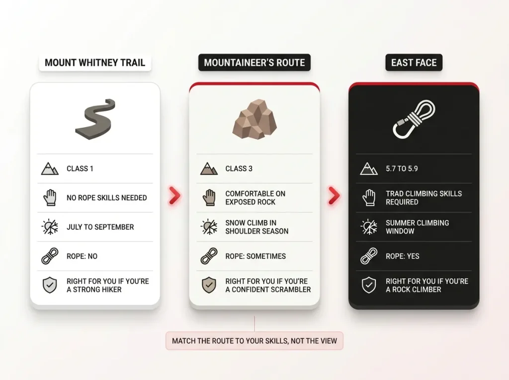 Infographic comparing three Mount Whitney routes by class, skills, season, and rope requirement to help hikers choose