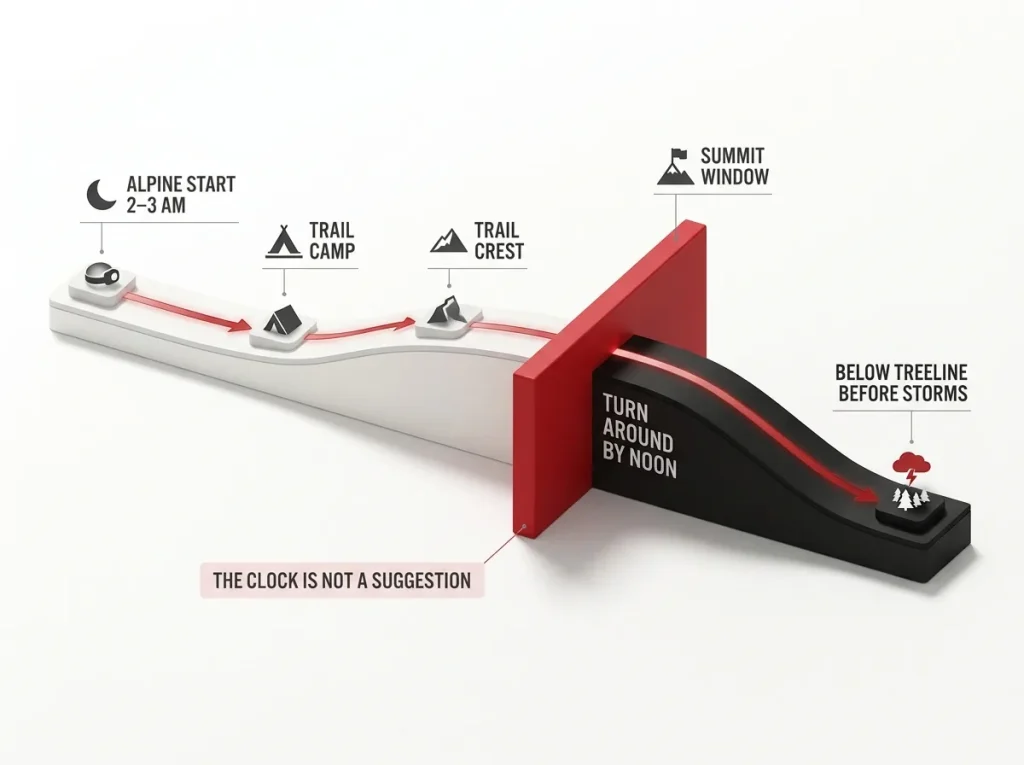 Infographic showing Mount Whitney summit day clock from alpine start to noon turnaround and storm safety window