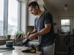 How to Clean Climbing Shoes Without Cooking the Glue Climber cleaning climbing shoes by hand at a kitchen sink after a session