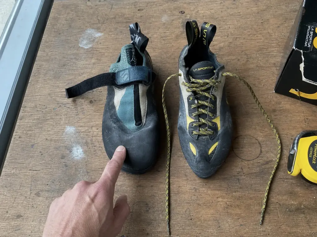 Two climbing shoes side by side showing how last shape sets forefoot width for wide feet