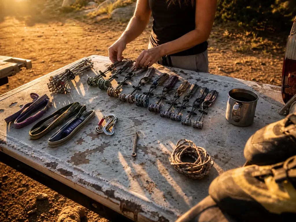 Trad rack of cams and nuts laid out beside climbing shoes on a tailgate before a route
