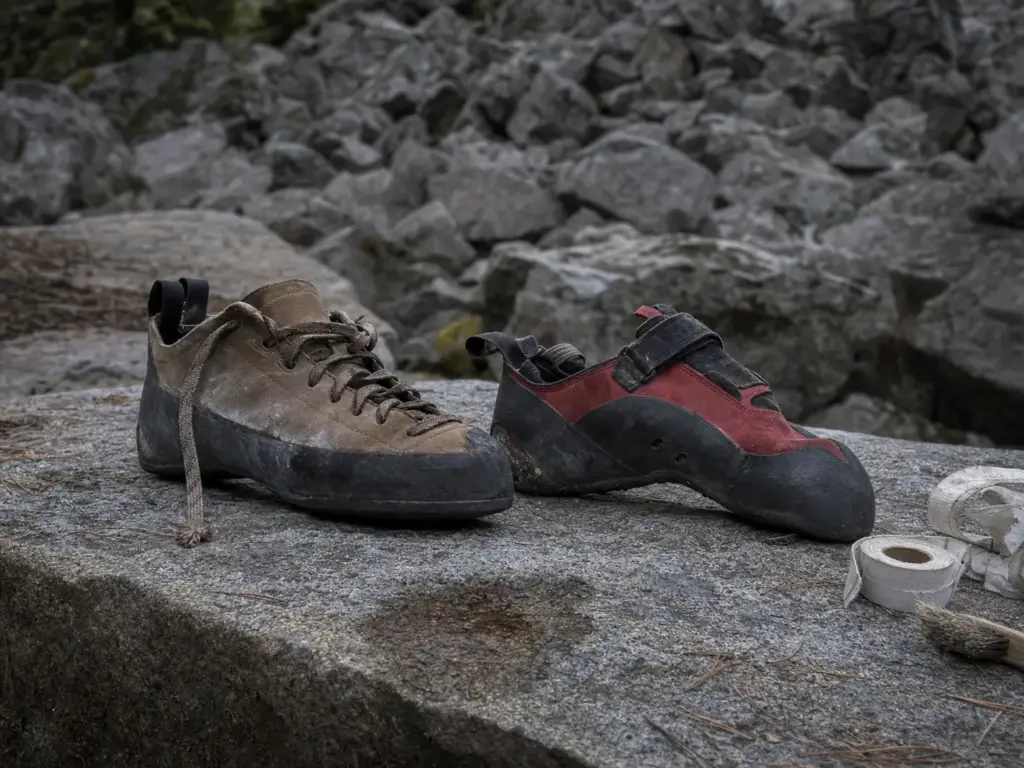 Two climbing shoes side by side on a boulder, one flat and stiff, one aggressively downturned