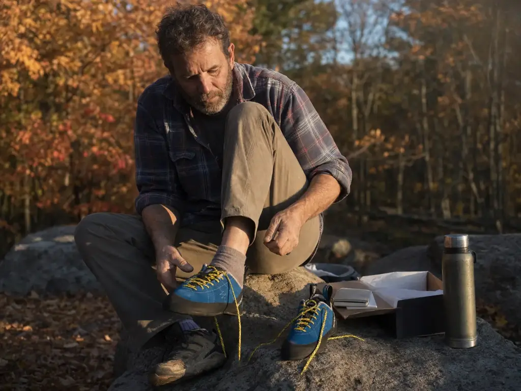 Climber checking the fit of a flat-lasted trad shoe with a thin merino liner sock at a crag