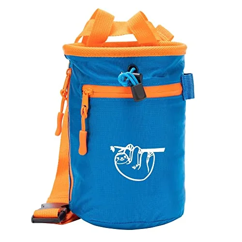 Azure blue compact climbing chalk bag with two zip pockets and adjustable waist belt for sport climbing
