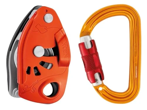 Petzl NEOX belay device with integrated wheel for fast slack payout on lead