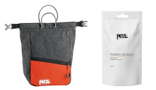 Petzl SAKAB grey chalk bag with semi-rigid magnetic roll-top closure and included Power Crunch chalk